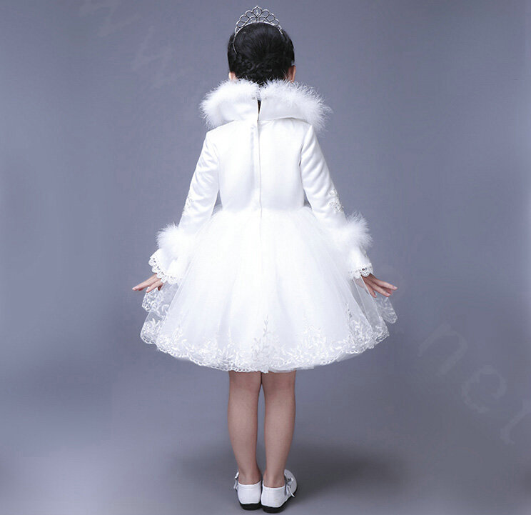 Cute Dresses Winter Flower Girls Lace Cotton Velvlet Wedding Party Dress - White