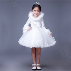 Cute Dresses Winter Flower Girls Lace Cotton Velvlet Wedding Party Dress - White