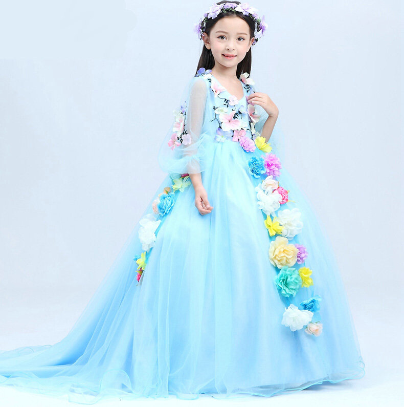 Cute Dresses Winter Flower Girls Long Embroidery Cotton Wedding Party Dress - Blue