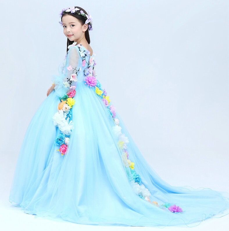 Cute Dresses Winter Flower Girls Long Embroidery Cotton Wedding Party Dress - Blue