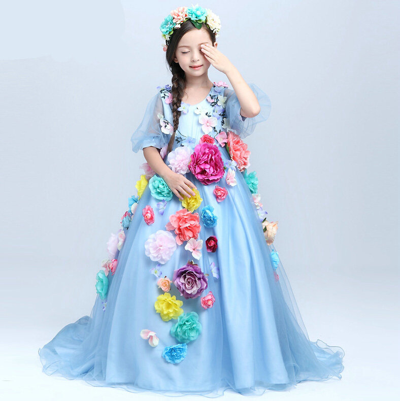 Cute Dresses Winter Flower Girls Long Embroidery Cotton Wedding Party Dress - Dark Blue