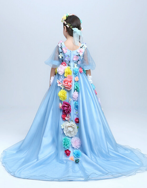 Cute Dresses Winter Flower Girls Long Embroidery Cotton Wedding Party Dress - Dark Blue
