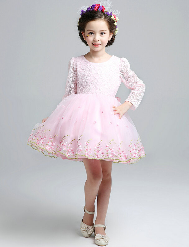 Cute Dresses Winter Flower Girls Long Sleeve Bow Velvlet Wedding Party Dress - Pink