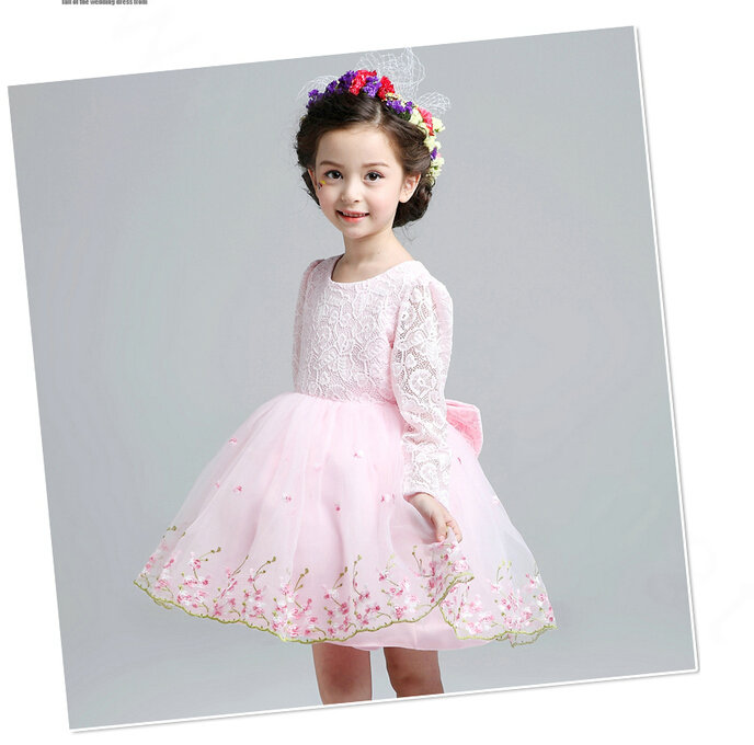 Cute Dresses Winter Flower Girls Long Sleeve Bow Velvlet Wedding Party Dress - Pink