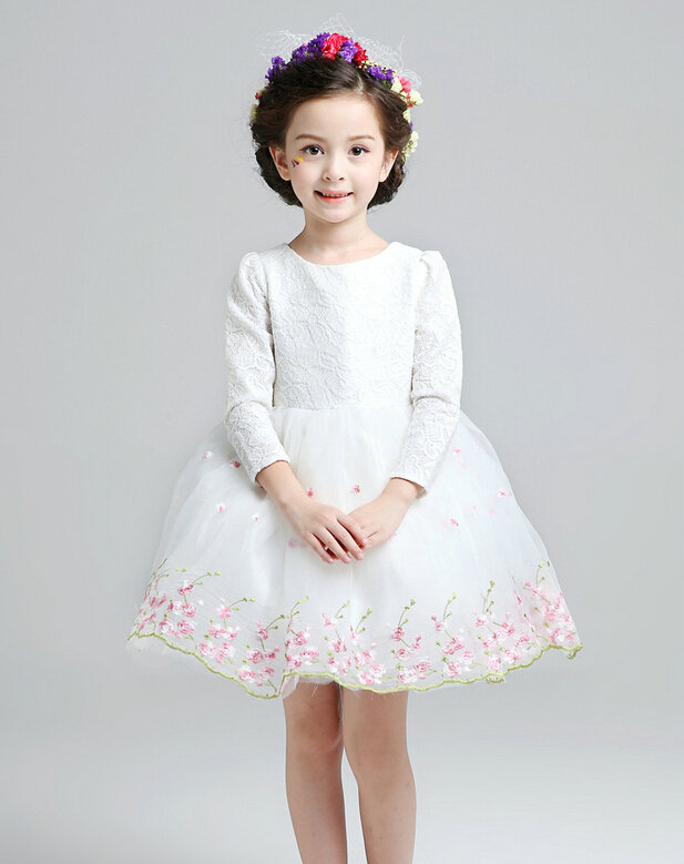 Cute Dresses Winter Flower Girls Long Sleeve Bow Velvlet Wedding Party Dress - White