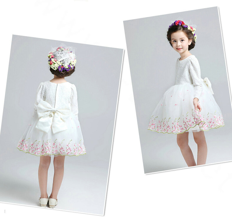 Cute Dresses Winter Flower Girls Long Sleeve Bow Velvlet Wedding Party Dress - White