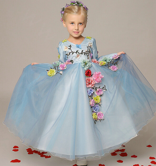 Cute Dresses Winter Flower Girls Long Sleeve Embroidery Wedding Party Dress - Blue