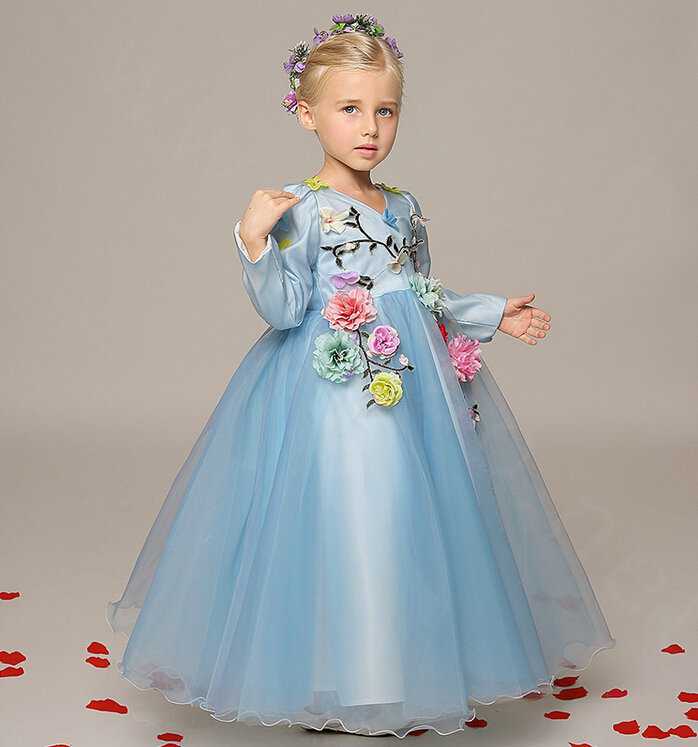 Cute Dresses Winter Flower Girls Long Sleeve Embroidery Wedding Party Dress - Blue