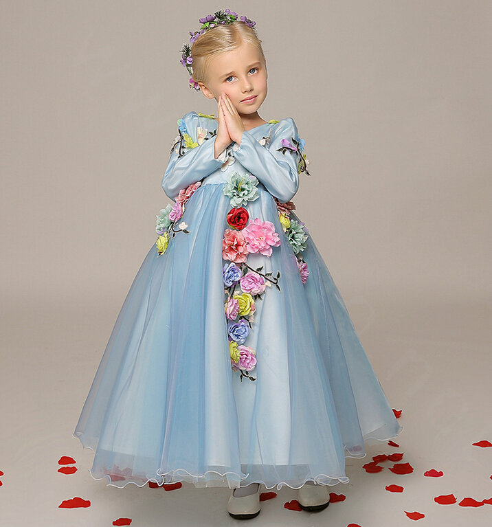 Cute Dresses Winter Flower Girls Long Sleeve Embroidery Wedding Party Dress - Blue