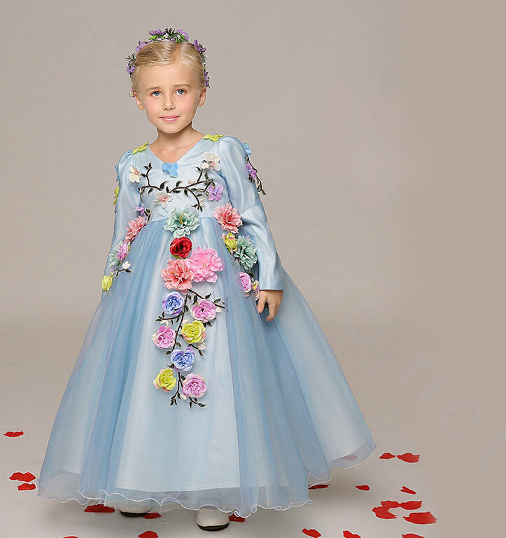 Cute Dresses Winter Flower Girls Long Sleeve Embroidery Wedding Party Dress - Blue