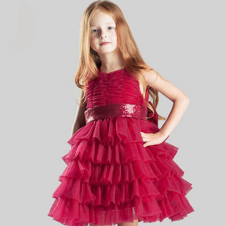Cute Dresses Winter Flower Girls Ruffled Bowknot Wedding Party Dress - Red