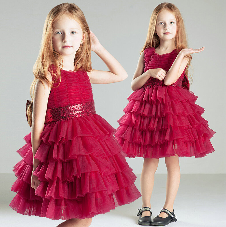 Cute Dresses Winter Flower Girls Ruffled Bowknot Wedding Party Dress - Red