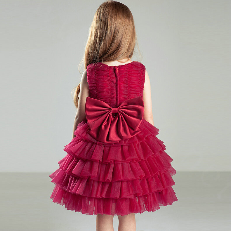 Cute Dresses Winter Flower Girls Ruffled Bowknot Wedding Party Dress - Red