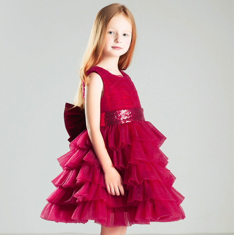 Cute Dresses Winter Flower Girls Ruffled Bowknot Wedding Party Dress - Red