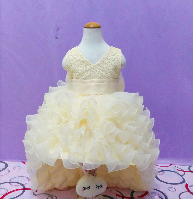Cute Dresses Winter Flower Girls Ruffled Floor Length Wedding Party Dress - Beige