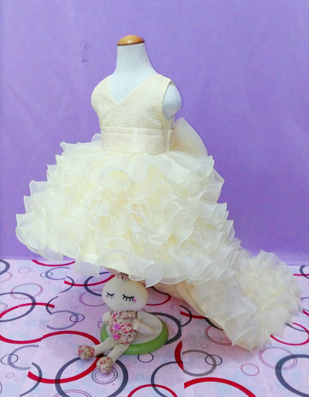Cute Dresses Winter Flower Girls Ruffled Floor Length Wedding Party Dress - Beige