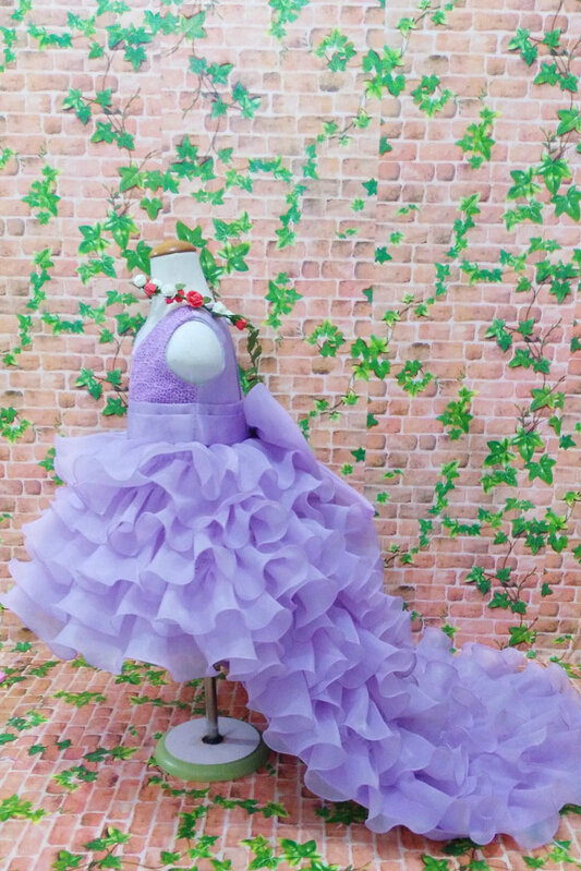 Cute Dresses Winter Flower Girls Ruffled Floor Length Wedding Party Dress - Purple