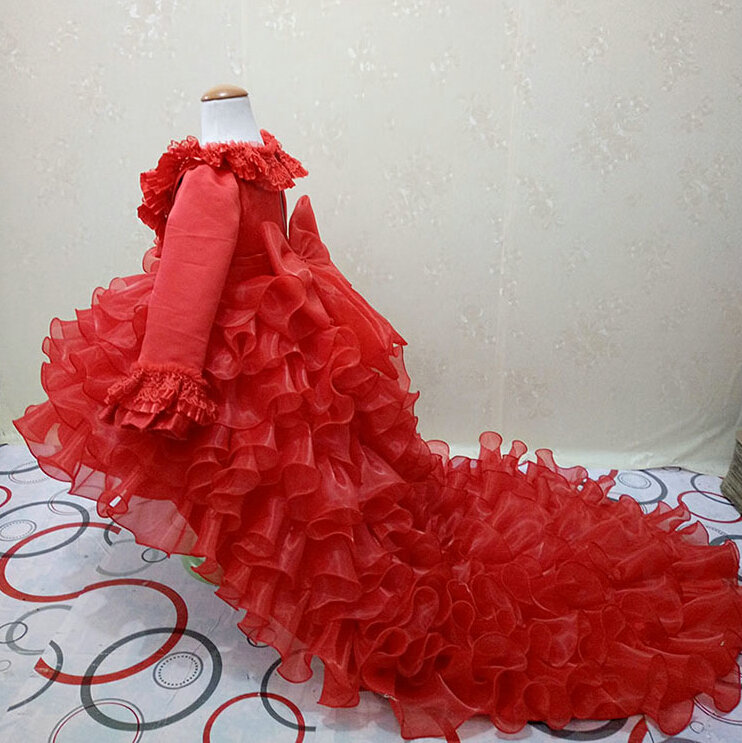 Cute Dresses Winter Flower Girls Ruffled Floor Length Wedding Party Dress - Red
