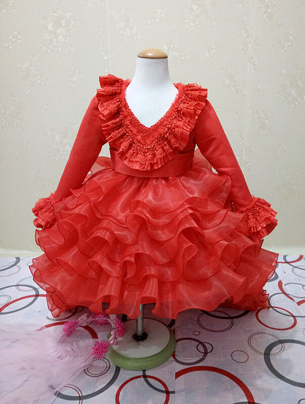 Cute Dresses Winter Flower Girls Ruffled Floor Length Wedding Party Dress - Red