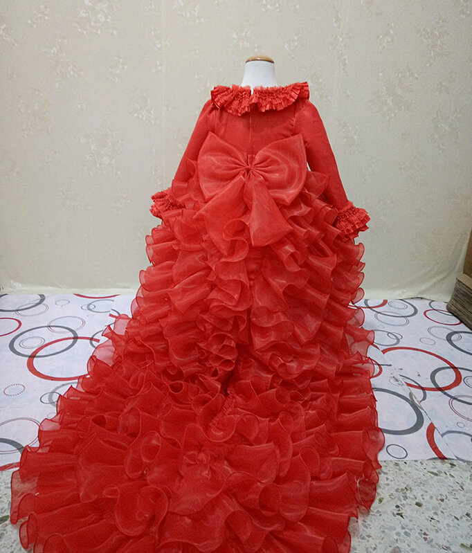 Cute Dresses Winter Flower Girls Ruffled Floor Length Wedding Party Dress - Red