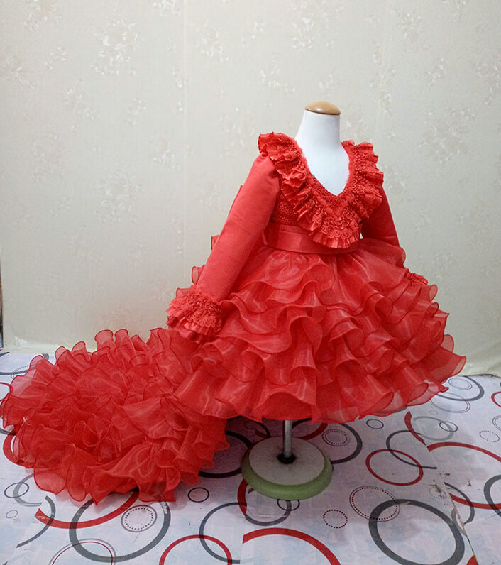 Cute Dresses Winter Flower Girls Ruffled Floor Length Wedding Party Dress - Red