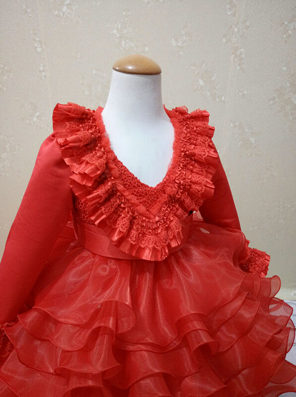 Cute Dresses Winter Flower Girls Ruffled Floor Length Wedding Party Dress - Red