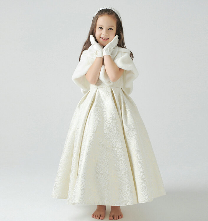Cute Dresses Winter Flower Girls Shawl Bowknot Wedding Party Dress - White