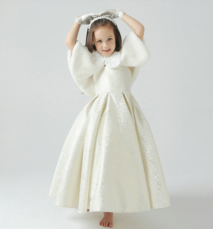 Cute Dresses Winter Flower Girls Shawl Bowknot Wedding Party Dress - White