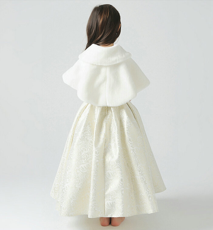 Cute Dresses Winter Flower Girls Shawl Bowknot Wedding Party Dress - White