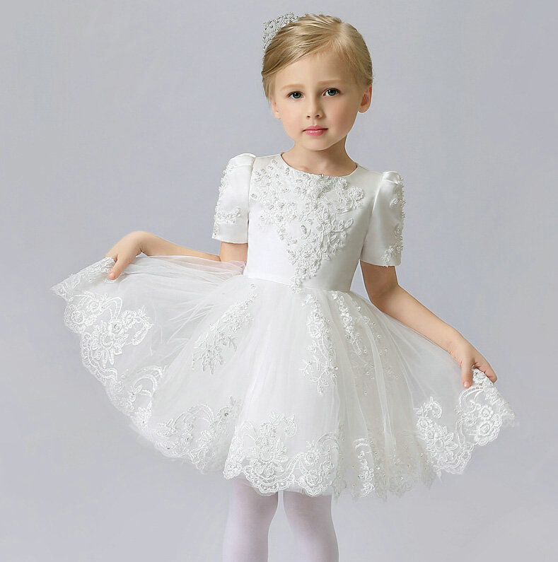 Cute Dresses Winter Flower Girls Short Sleeve Embroidery Wedding Party Dress - White