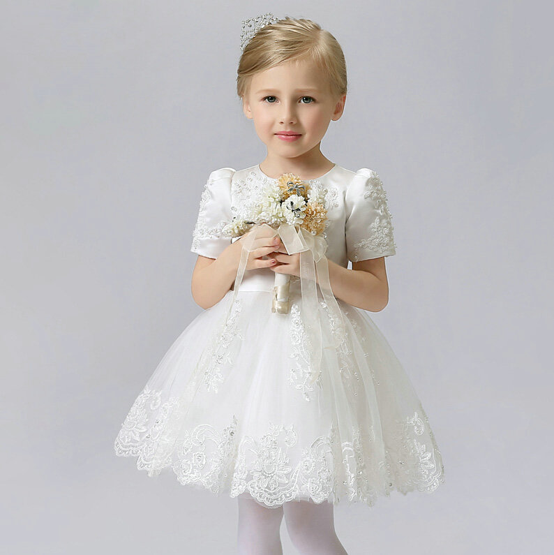 Cute Dresses Winter Flower Girls Short Sleeve Embroidery Wedding Party Dress - White