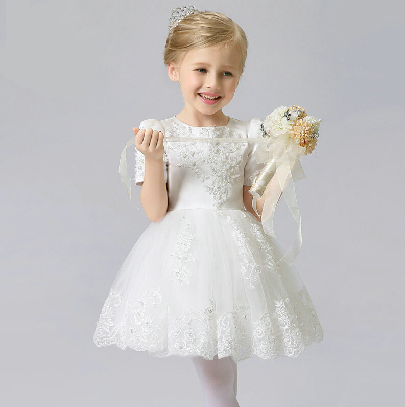 Cute Dresses Winter Flower Girls Short Sleeve Embroidery Wedding Party Dress - White