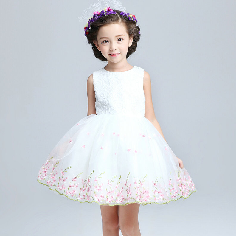 Cute Dresses Winter Flower Girls Sleeveless Bow Velvlet Wedding Party Dress - White