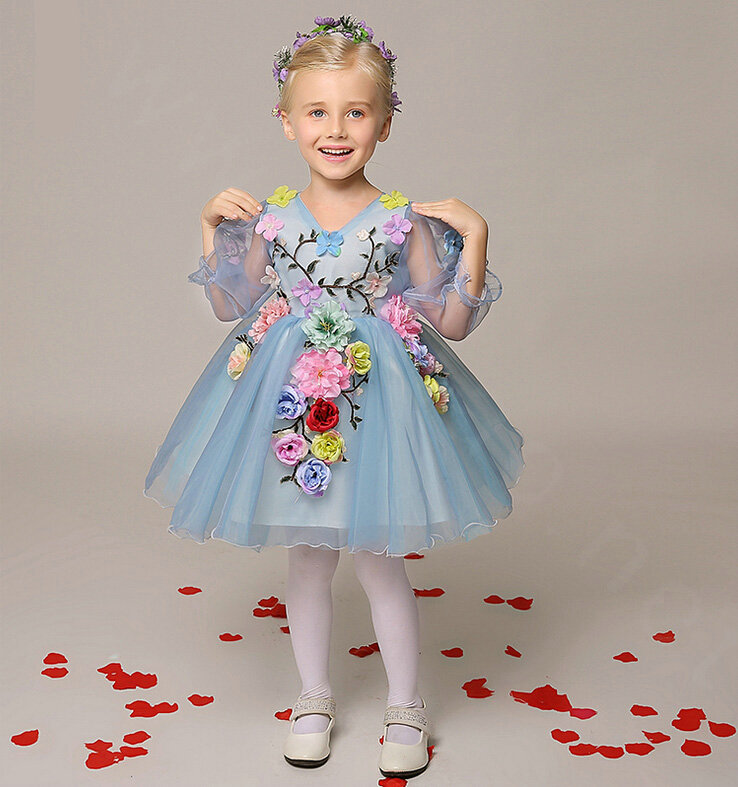 Cute Dresses Winter Flower Girls Sleeveless Embroidery Wedding Party Dress - Blue