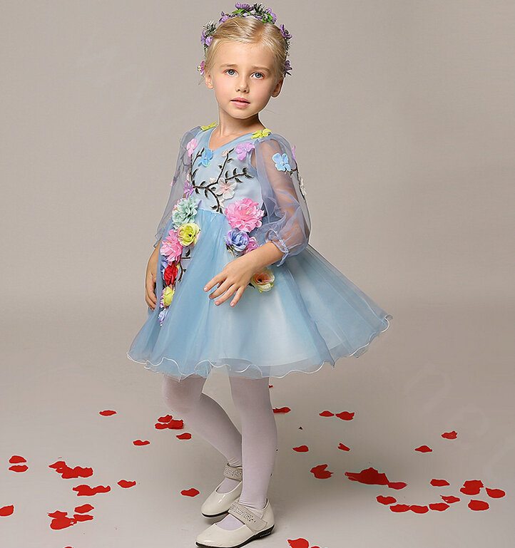 Cute Dresses Winter Flower Girls Sleeveless Embroidery Wedding Party Dress - Blue