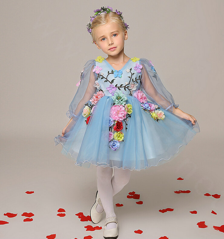 Cute Dresses Winter Flower Girls Sleeveless Embroidery Wedding Party Dress - Blue