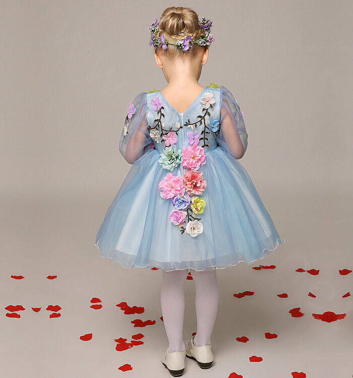 Cute Dresses Winter Flower Girls Sleeveless Embroidery Wedding Party Dress - Blue