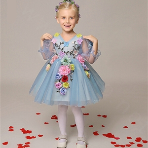 Cute Dresses Winter Flower Girls Sleeveless Embroidery Wedding Party Dress - Blue