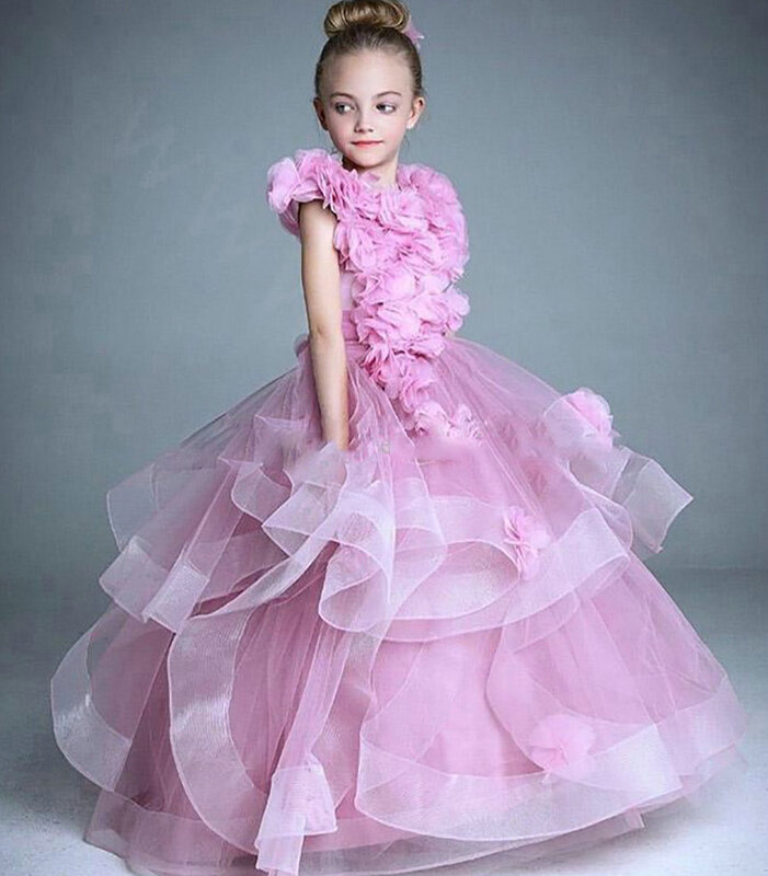Cute Dresses Winter Flower Girls Sleeveless Embroidery Wedding Party Dress - Pink