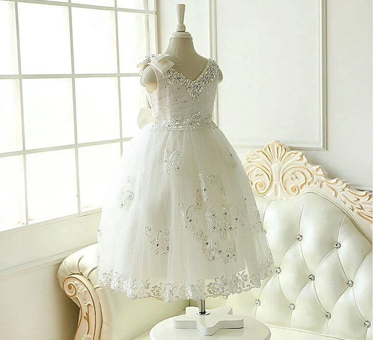 Cute Dresses Winter Flower Girls Sleeveless Embroidery Wedding Party Dress - White
