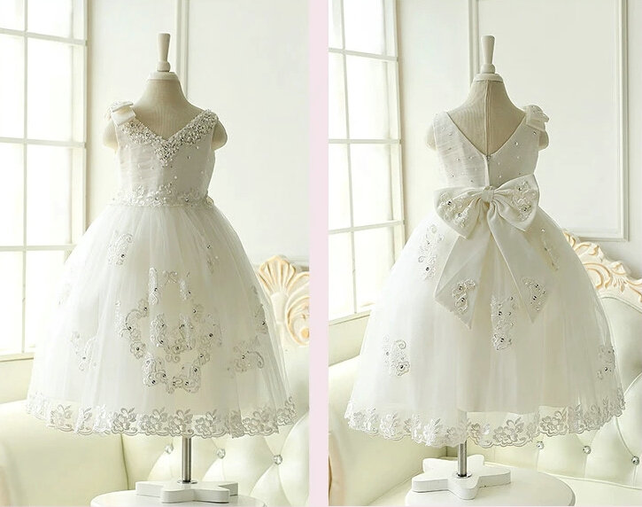 Cute Dresses Winter Flower Girls Sleeveless Embroidery Wedding Party Dress - White