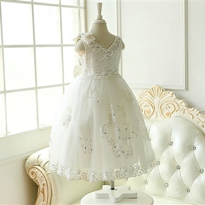 Cute Dresses Winter Flower Girls Sleeveless Embroidery Wedding Party Dress - White
