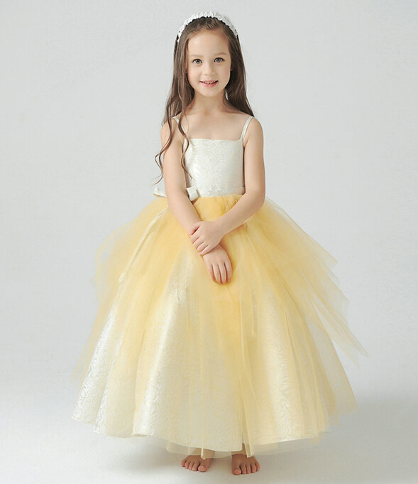 Cute Dresses Winter Flower Girls Sling Bowknot Wedding Party Dress - Yellow