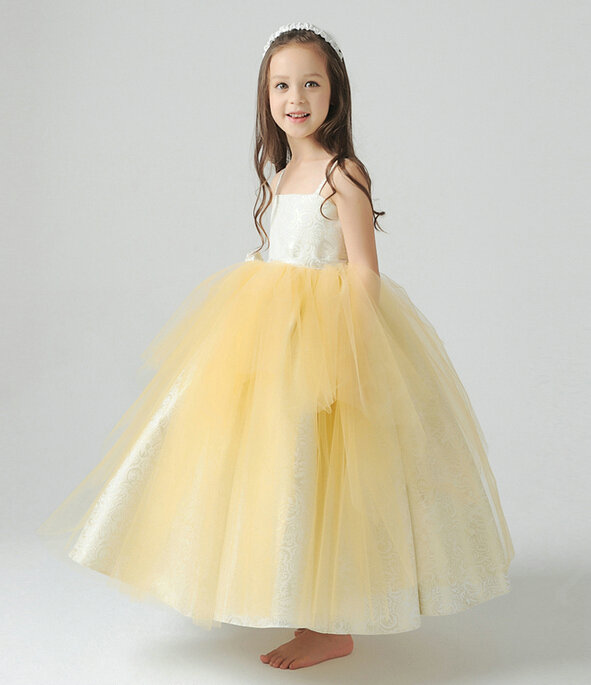 Cute Dresses Winter Flower Girls Sling Bowknot Wedding Party Dress - Yellow