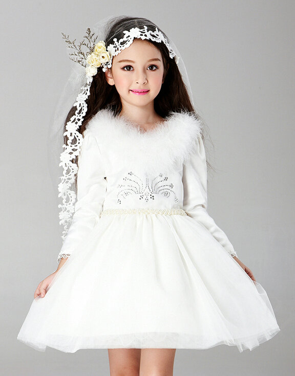 Cute Dresses Winter Flower Girls Velvet Long Sleeve Wedding Party Dress - White