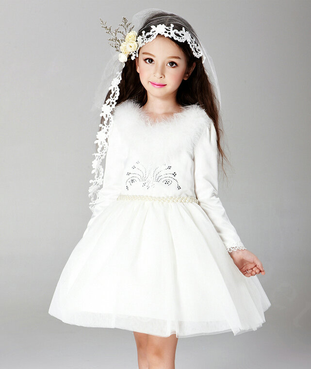 Cute Dresses Winter Flower Girls Velvet Long Sleeve Wedding Party Dress - White