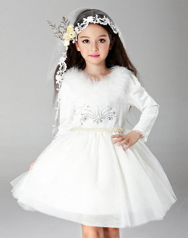 Cute Dresses Winter Flower Girls Velvet Long Sleeve Wedding Party Dress - White