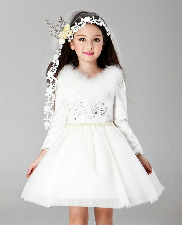 Cute Dresses Winter Flower Girls Velvet Long Sleeve Wedding Party Dress - White