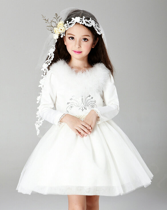 Cute Dresses Winter Flower Girls Velvet Long Sleeve Wedding Party Dress - White