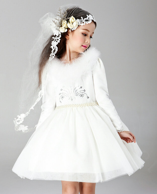 Cute Dresses Winter Flower Girls Velvet Long Sleeve Wedding Party Dress - White